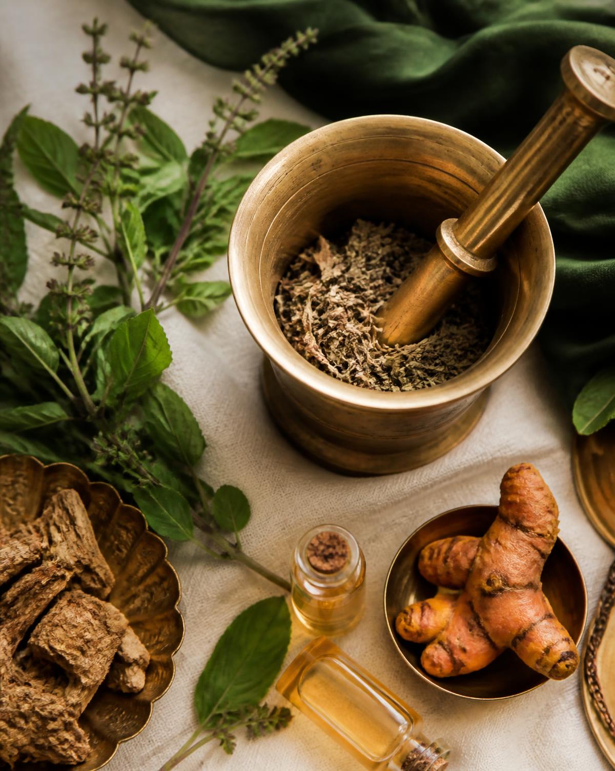Traditional Ayurvedic herbs, brass mortar and pestle